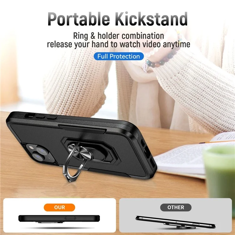For iPhone 14 6.1 inch Shockproof Case PC + TPU Anti-Scratch Slim Cover Anti-Drop Phone Case with Kickstand - Black