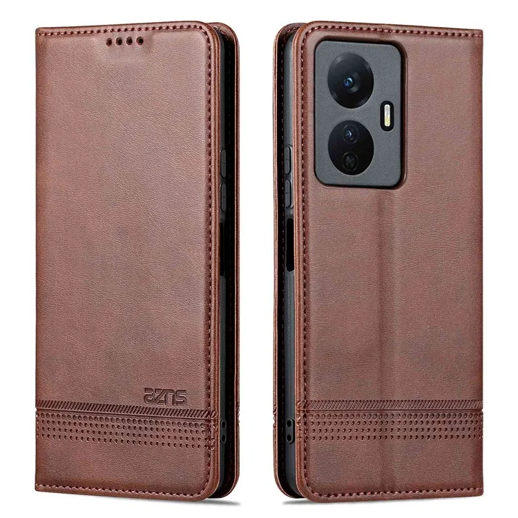 Azns Para Vivo Y77e 5G / Y77 5G Magnetic Auto Cierre de Vaca Textura PU Cuero de Cuero Funda de Visión Flip Cover Flip - Café