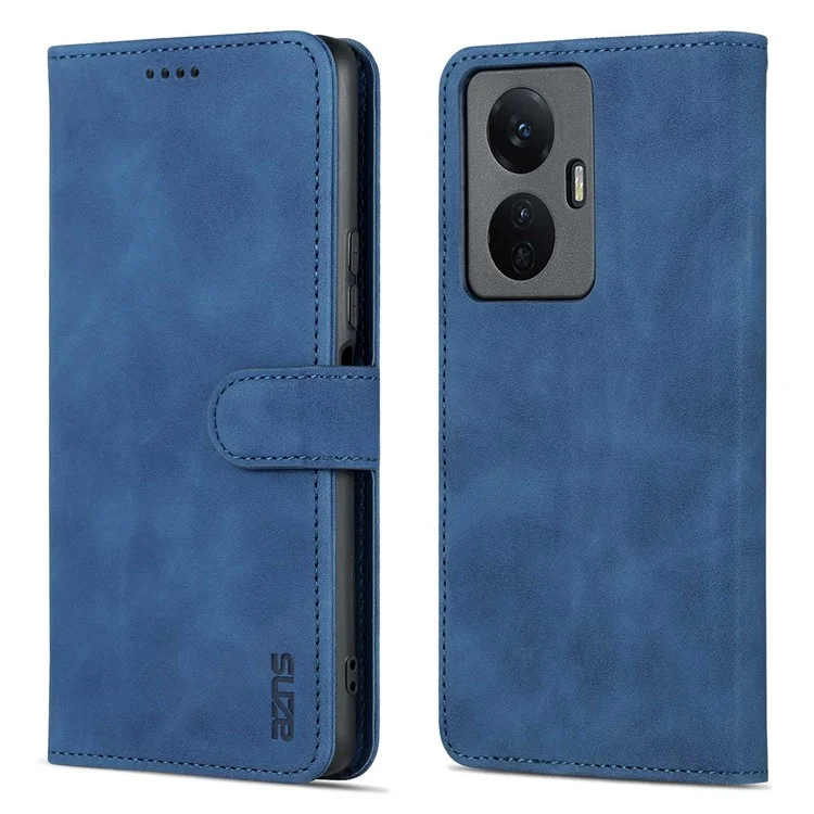 Azns Pour Vivo Y77e 5G / Y77 5G Téléphone Flip Cover PU Cuir en Cuir en Cuir Enduit TPU Étui Intérieur Avec Support - Bleu