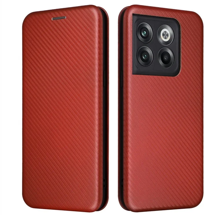 For OnePlus 10T 5G / Ace Pro 5G Carbon Fiber Texture Smartphone Case PU Leather Magnetic Auto-absorbed Stand Card Holder Function Phone Shell - Brown