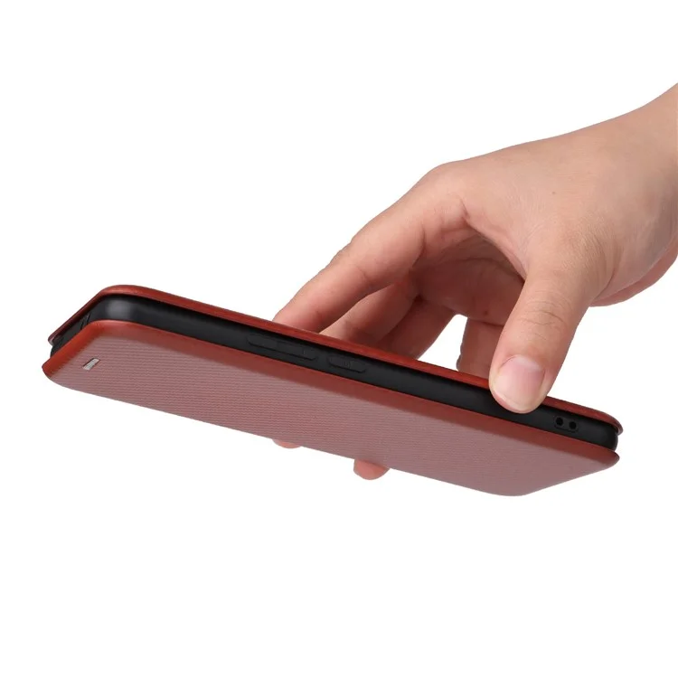 For OnePlus 10T 5G / Ace Pro 5G Carbon Fiber Texture Smartphone Case PU Leather Magnetic Auto-absorbed Stand Card Holder Function Phone Shell - Brown