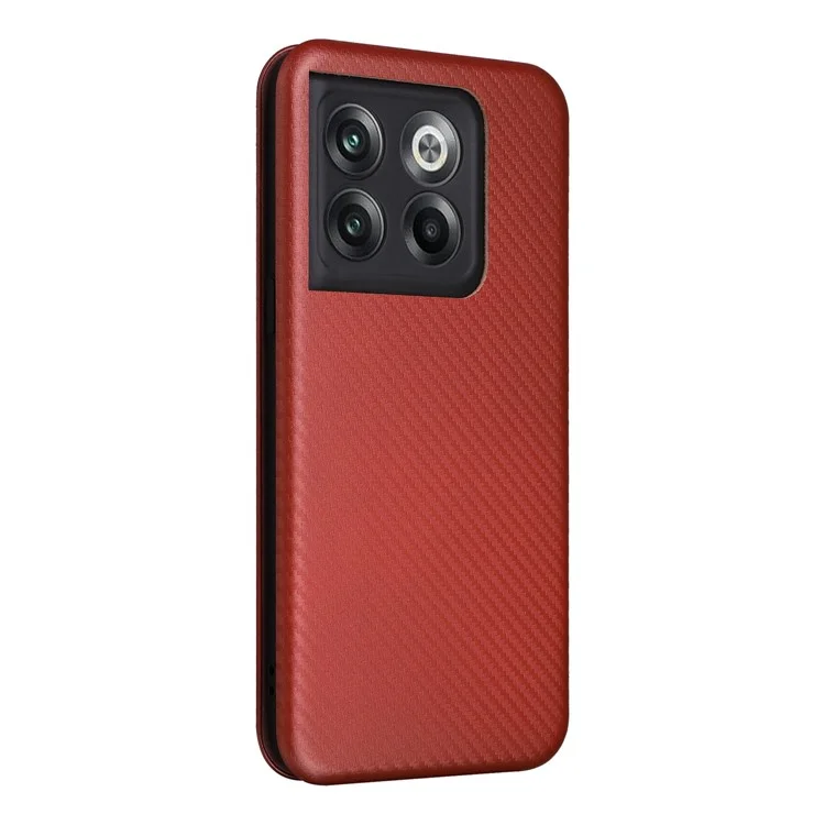 For OnePlus 10T 5G / Ace Pro 5G Carbon Fiber Texture Smartphone Case PU Leather Magnetic Auto-absorbed Stand Card Holder Function Phone Shell - Brown