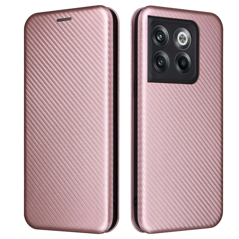 Funda de cuero PU con textura de fibra de carbono para OnePlus 10T 5G / Ace Pro 5G, función de soporte magnético con cierre automático y ranura para tarjetas - Dorado rosa