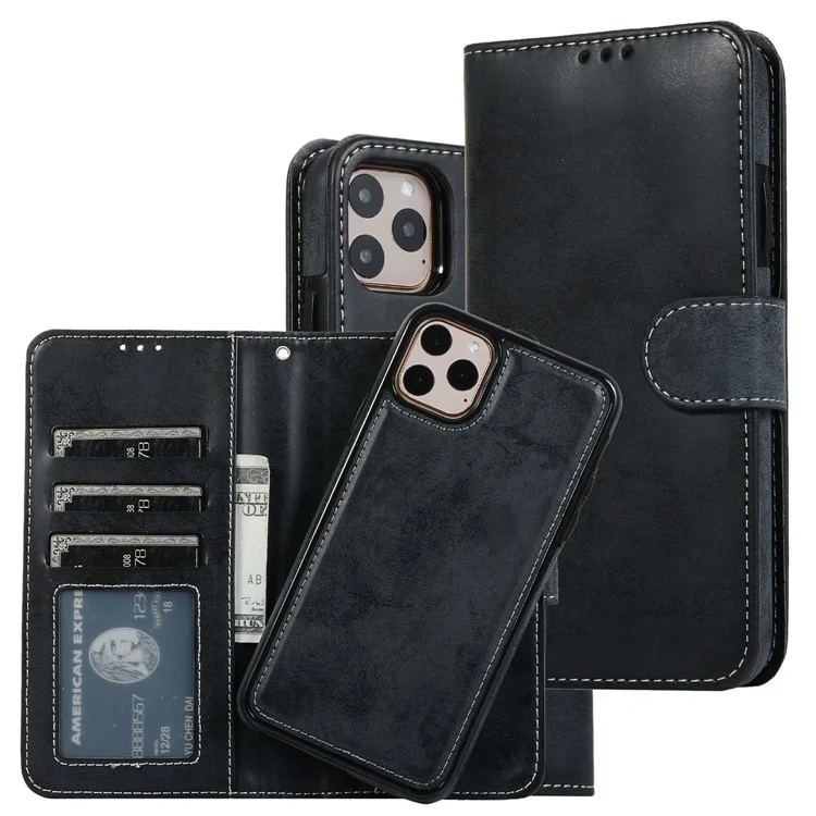 For iPhone 14 Pro 6.1 inch Matte Phone Back Shell Retro Style Magnetic Absorption Inner TPU Case+PU Leather Cover Wallet - Black