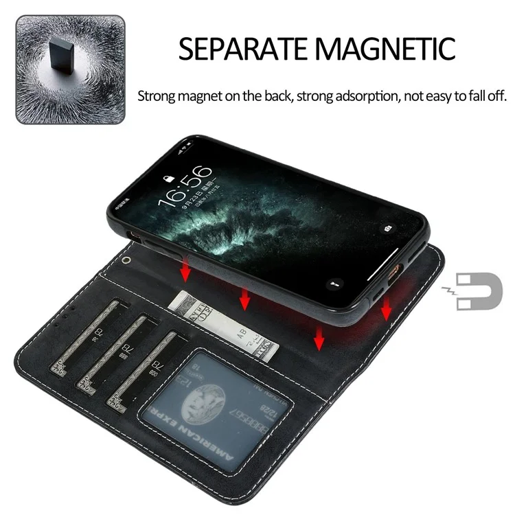 For iPhone 14 Pro 6.1 inch Matte Phone Back Shell Retro Style Magnetic Absorption Inner TPU Case+PU Leather Cover Wallet - Black