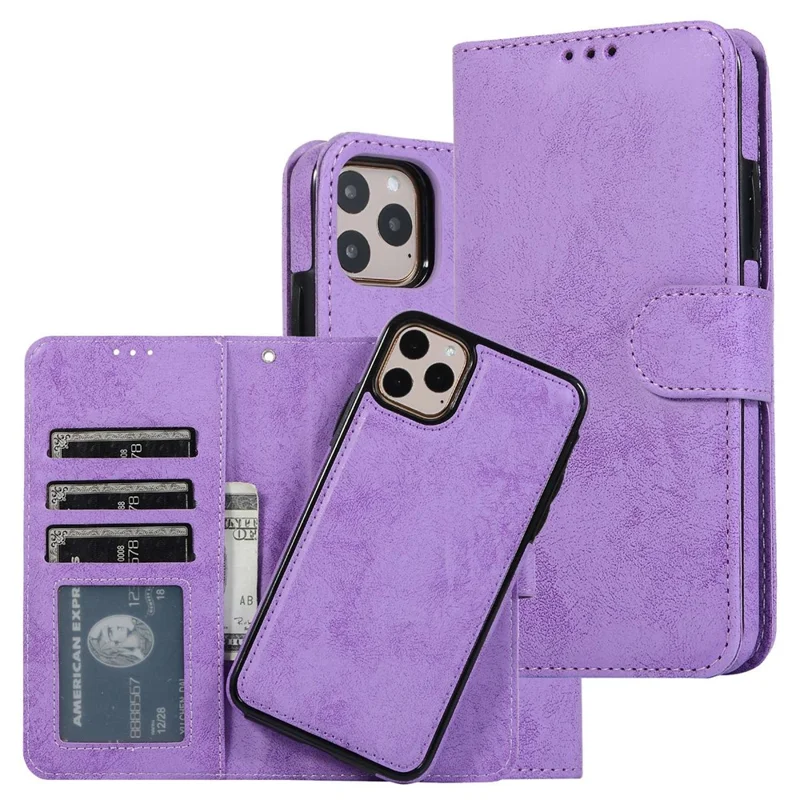 For iPhone 14 Pro 6.1 inch Matte Phone Back Shell Retro Style Magnetic Absorption Inner TPU Case+PU Leather Cover Wallet - Purple