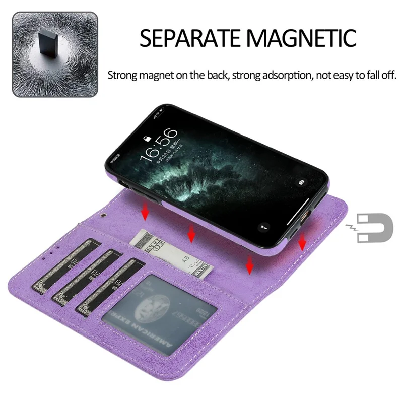 For iPhone 14 Pro 6.1 inch Matte Phone Back Shell Retro Style Magnetic Absorption Inner TPU Case+PU Leather Cover Wallet - Purple