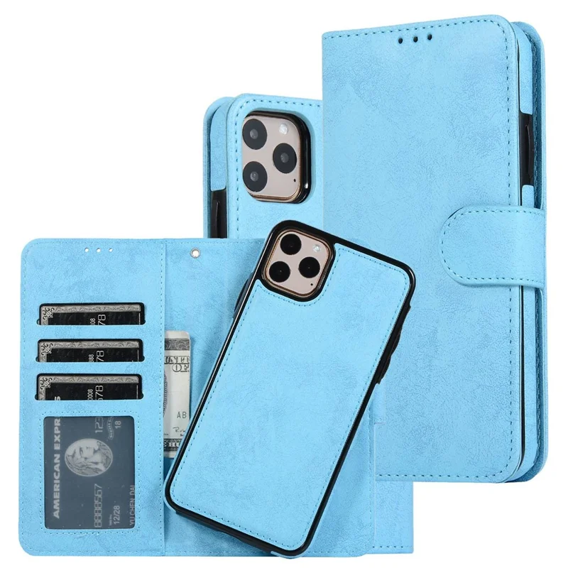 For iPhone 14 Pro 6.1 inch Matte Phone Back Shell Retro Style Magnetic Absorption Inner TPU Case+PU Leather Cover Wallet - Sky Blue