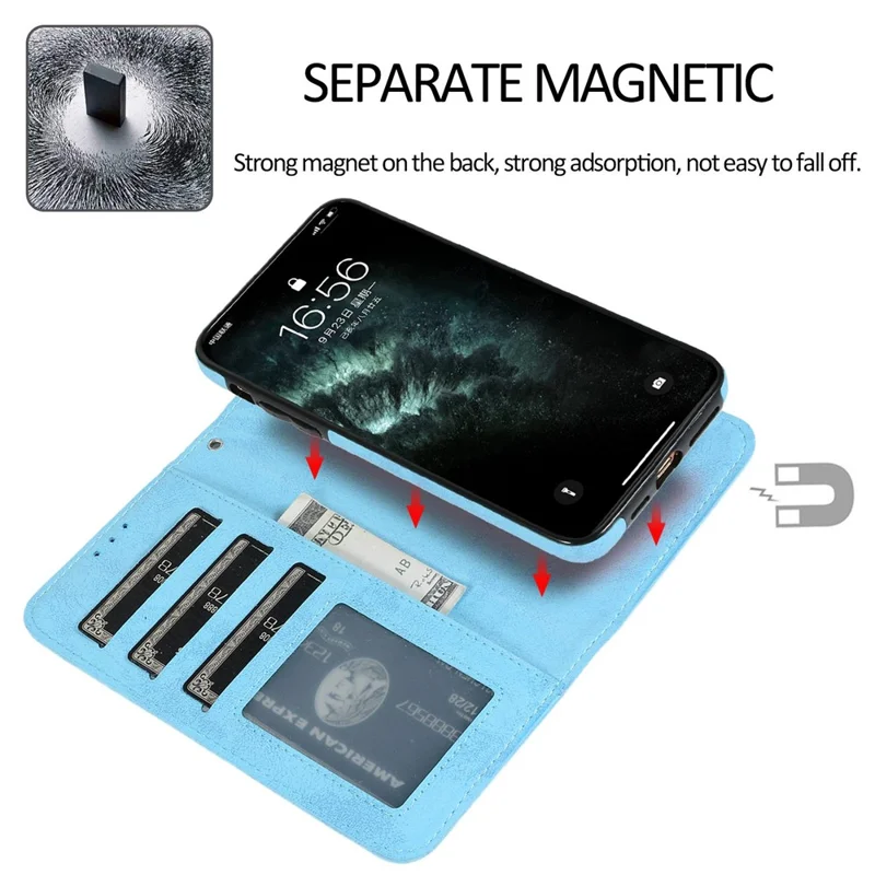For iPhone 14 Pro 6.1 inch Matte Phone Back Shell Retro Style Magnetic Absorption Inner TPU Case+PU Leather Cover Wallet - Sky Blue