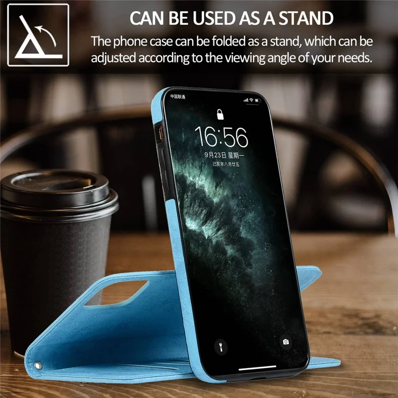 For iPhone 14 Pro 6.1 inch Matte Phone Back Shell Retro Style Magnetic Absorption Inner TPU Case+PU Leather Cover Wallet - Sky Blue