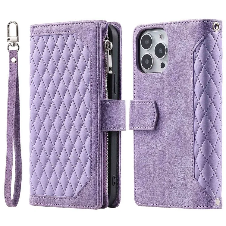 For iPhone 14 Plus Wallet Design Flip Magnetic Phone Cover Rhombus Grid Texture PU Leather Zipper Pocket Stand Case - Purple