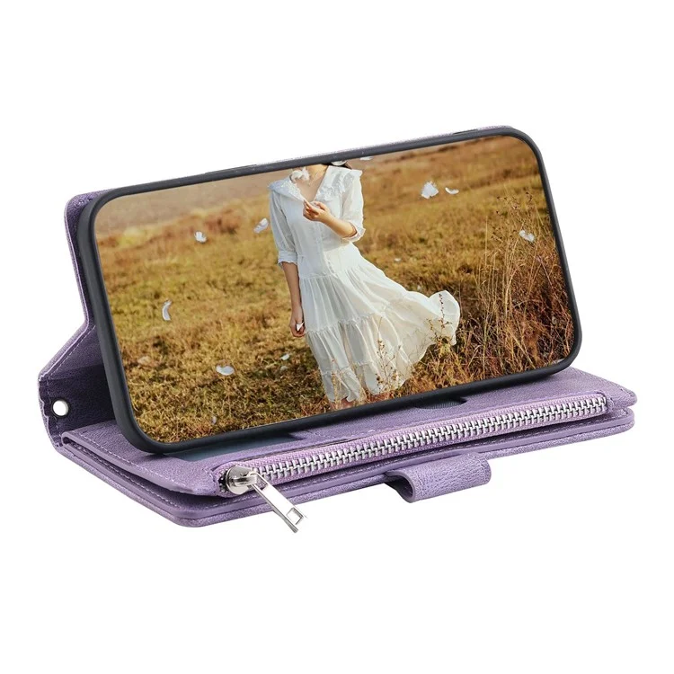 For iPhone 14 Plus Wallet Design Flip Magnetic Phone Cover Rhombus Grid Texture PU Leather Zipper Pocket Stand Case - Purple