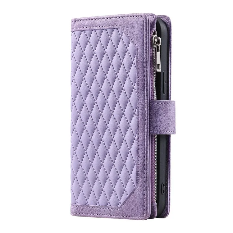 For iPhone 14 Plus Wallet Design Flip Magnetic Phone Cover Rhombus Grid Texture PU Leather Zipper Pocket Stand Case - Purple
