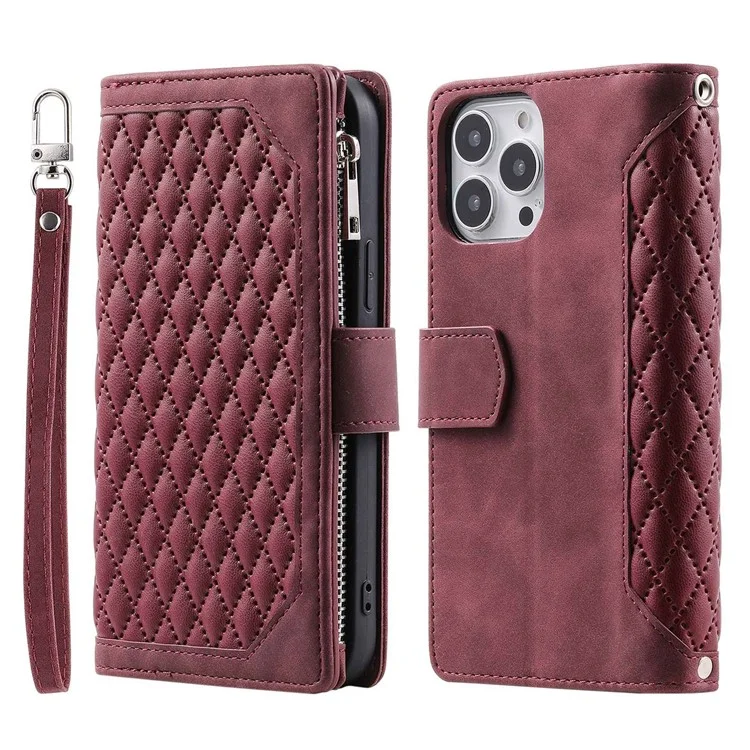 Para Iphone 14 Max 6.7 Pulgadas Diseño de Billetera Flip Magnética Tapa de la Cuadrícula Textura de la Cuadrícula PU pu de Cuero Caja de Bolsillo de Bolsillo - Vino Rojo