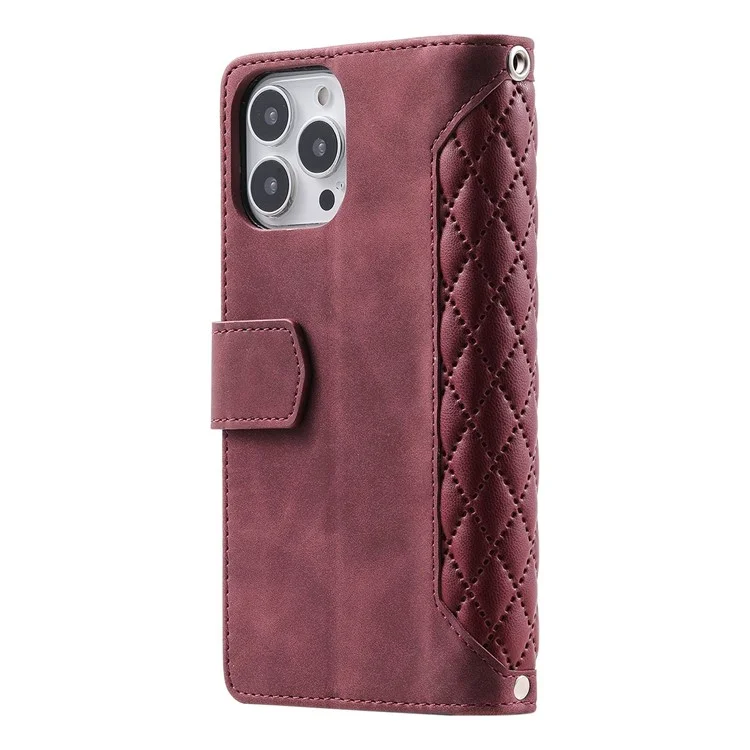 Para Iphone 14 Max 6.7 Pulgadas Diseño de Billetera Flip Magnética Tapa de la Cuadrícula Textura de la Cuadrícula PU pu de Cuero Caja de Bolsillo de Bolsillo - Vino Rojo