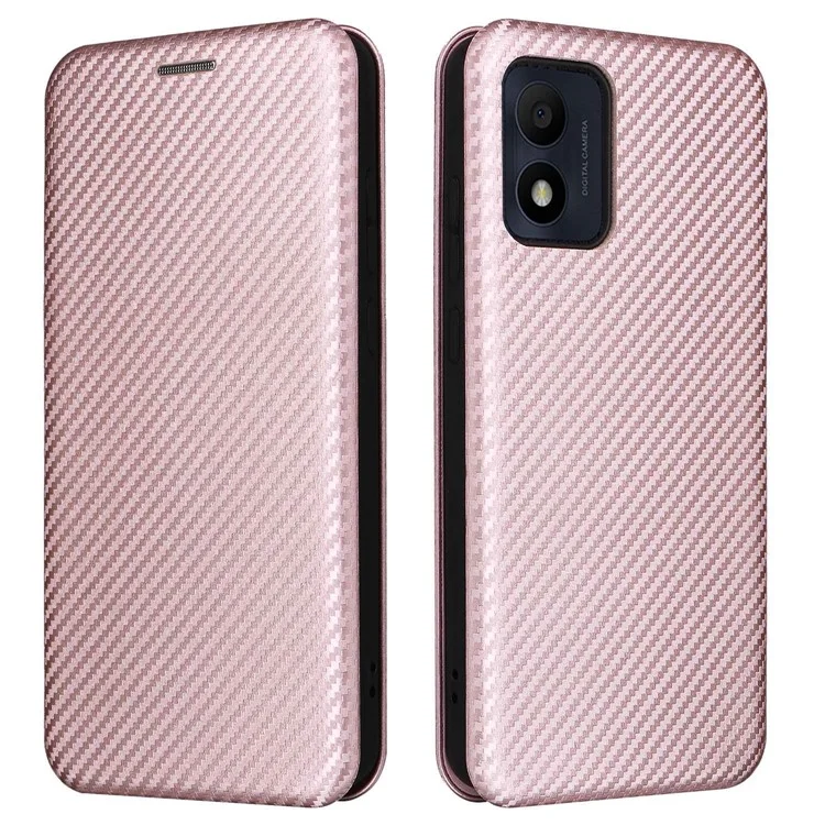 Pour Alcatel 1B (2022) Texture en Fibre de Carbone Case de Smartphone PU Cuir Magnétique Magnétique Auto-absorbée Holder Fonction de la Carte de Choc - or Rose