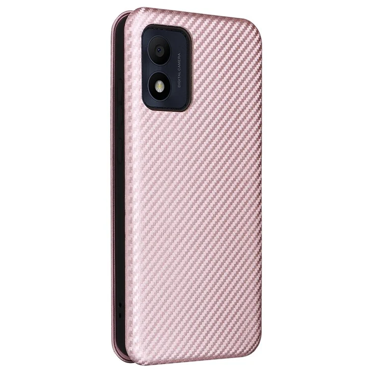 Pour Alcatel 1B (2022) Texture en Fibre de Carbone Case de Smartphone PU Cuir Magnétique Magnétique Auto-absorbée Holder Fonction de la Carte de Choc - or Rose