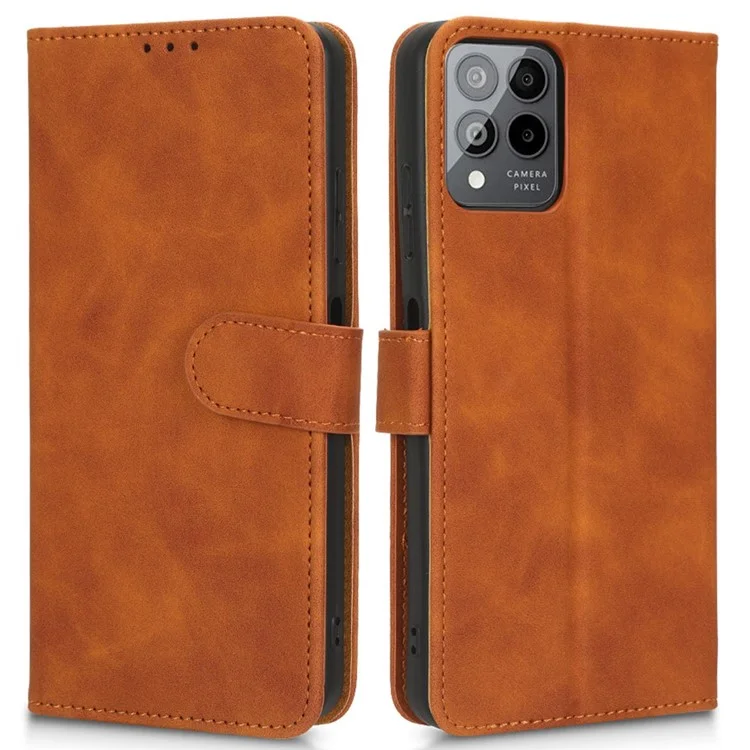 Para T-Mobile Revvl 6 Pro 5g Choque Absorvente de Couro PU Caixa de Couro Stand Skin Toucha Sentir Tampa de Telefone Protetora Magnética Flip - Castanho