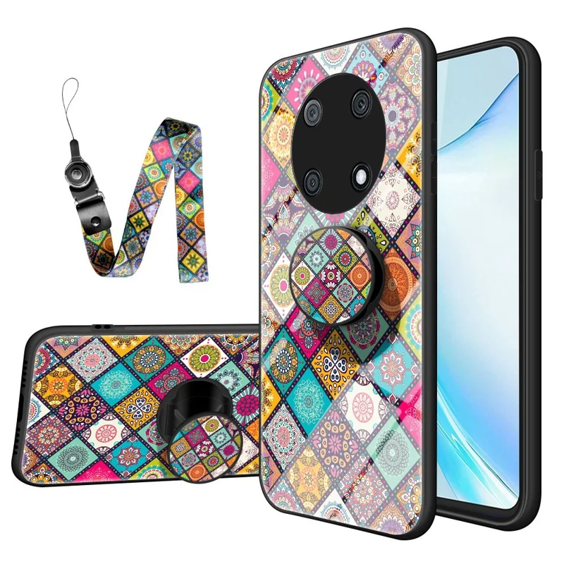 For Huawei Enjoy 50 Pro 4G / nova Y90 4G Flower Pattern Tempered Glass + PC + TPU Shockproof Phone Case with Kickstand and Lanyard - Checkered Pattern