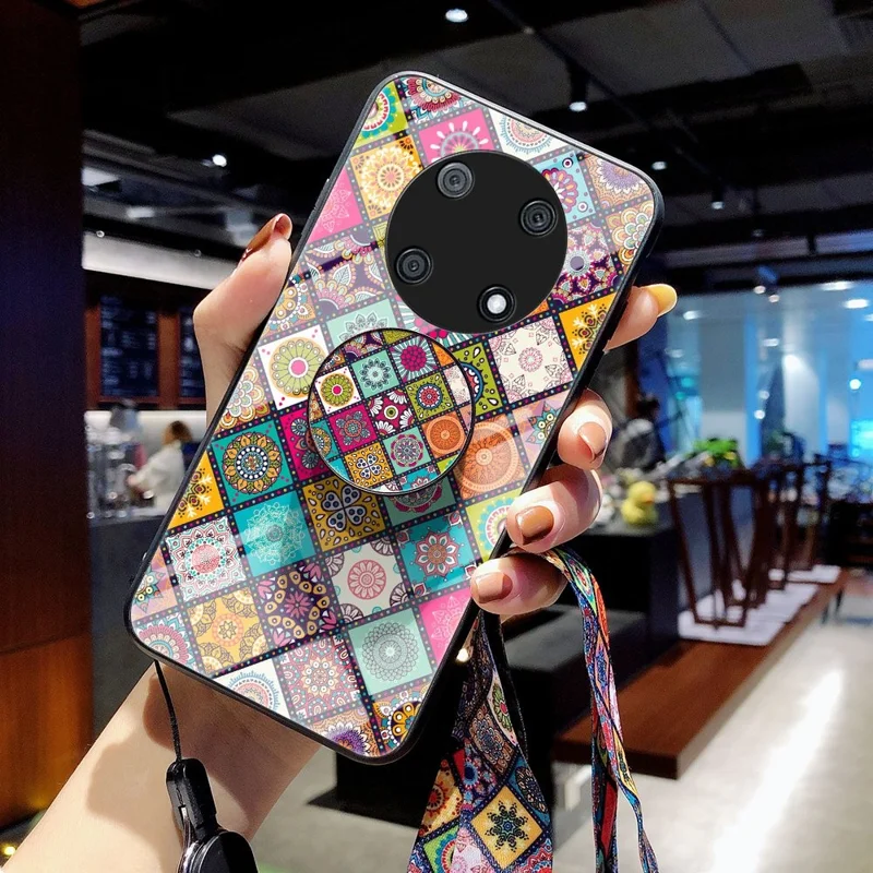 For Huawei Enjoy 50 Pro 4G / nova Y90 4G Flower Pattern Tempered Glass + PC + TPU Shockproof Phone Case with Kickstand and Lanyard - Checkered Pattern