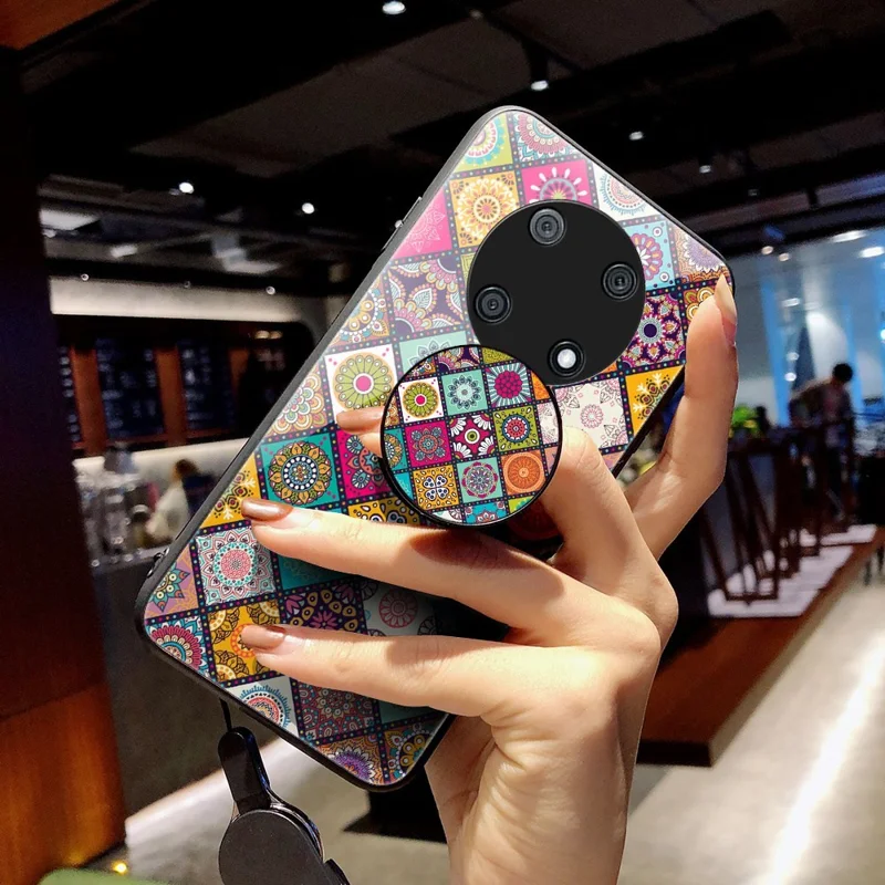 For Huawei Enjoy 50 Pro 4G / nova Y90 4G Flower Pattern Tempered Glass + PC + TPU Shockproof Phone Case with Kickstand and Lanyard - Checkered Pattern