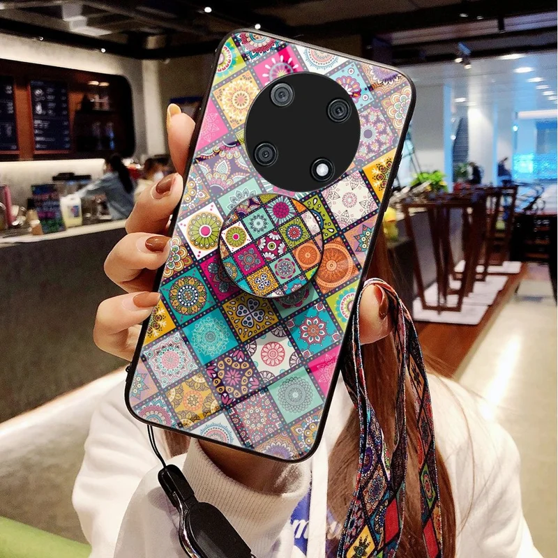 For Huawei Enjoy 50 Pro 4G / nova Y90 4G Flower Pattern Tempered Glass + PC + TPU Shockproof Phone Case with Kickstand and Lanyard - Checkered Pattern