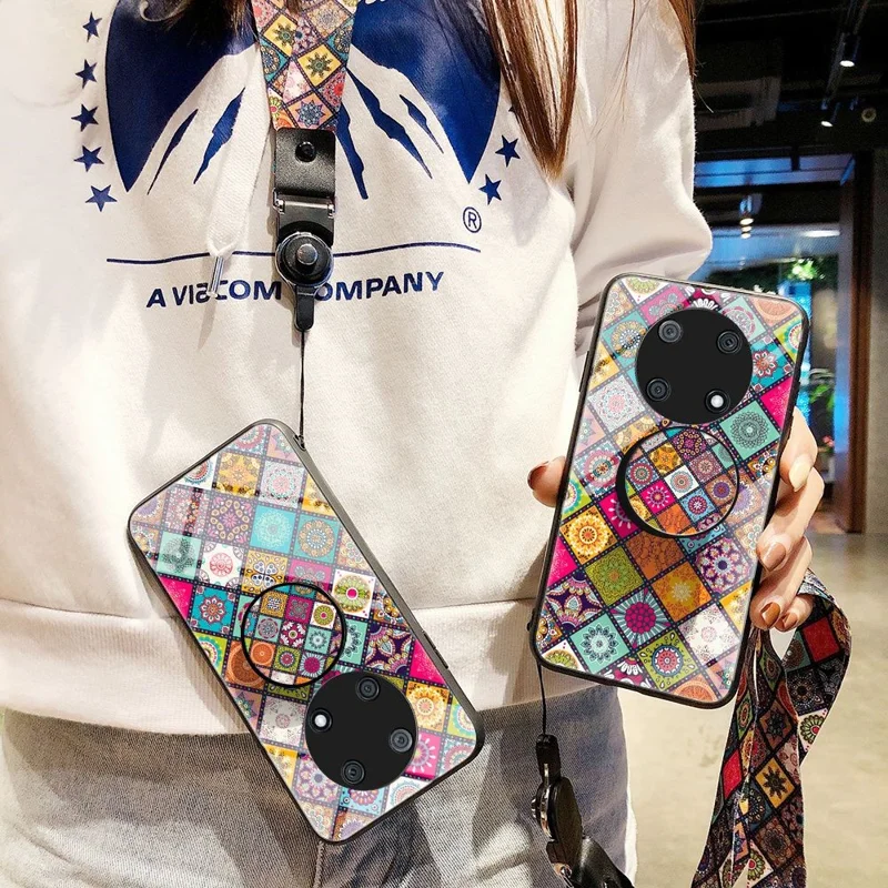 For Huawei Enjoy 50 Pro 4G / nova Y90 4G Flower Pattern Tempered Glass + PC + TPU Shockproof Phone Case with Kickstand and Lanyard - Checkered Pattern