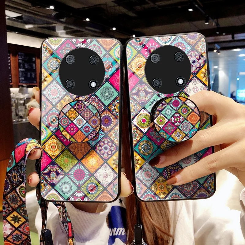 For Huawei Enjoy 50 Pro 4G / nova Y90 4G Flower Pattern Tempered Glass + PC + TPU Shockproof Phone Case with Kickstand and Lanyard - Checkered Pattern