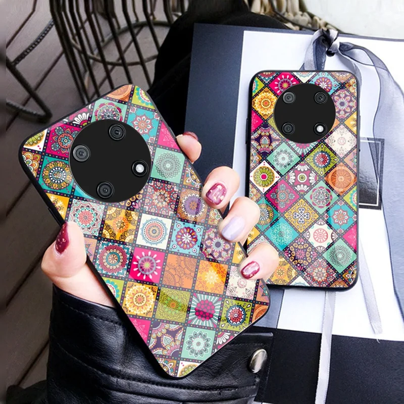 For Huawei Enjoy 50 Pro 4G / nova Y90 4G Flower Pattern Tempered Glass + PC + TPU Shockproof Phone Case with Kickstand and Lanyard - Checkered Pattern