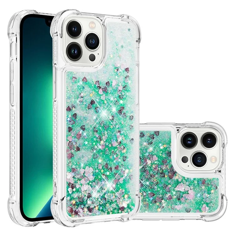 For iPhone 14 6.1 inch TPU+PC Phone Case Liquid Floating Glitter Quicksand Phone Cover - Green  /  Hearts