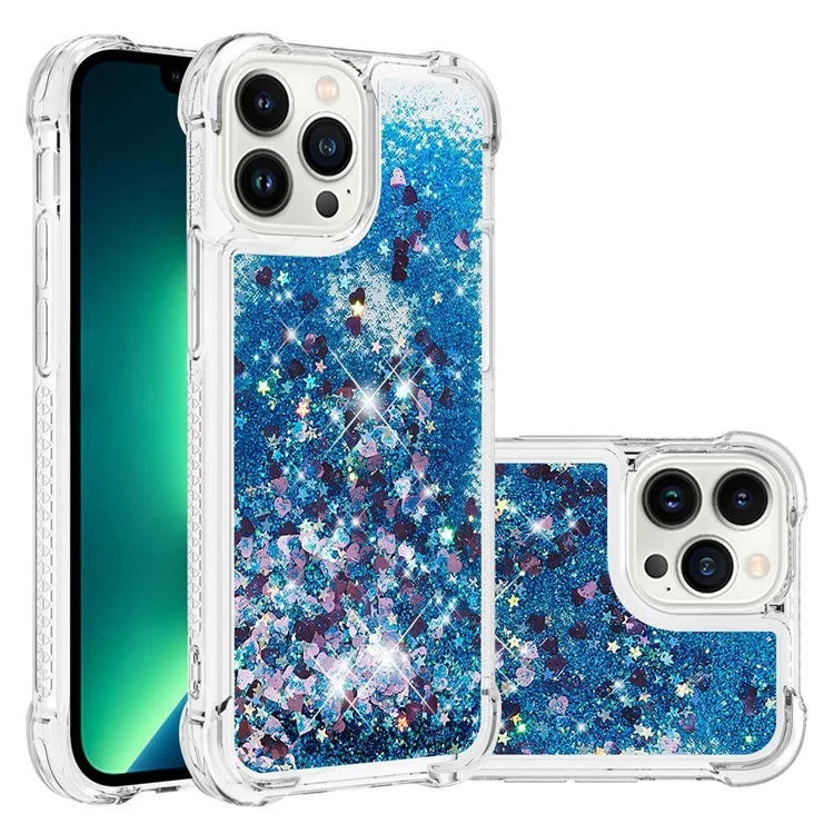 Anti-collision Phone Case for iPhone 14 Pro 6.1 inch, Anti-scratch Liquid Floating Glitter Sequins Decoration Phone Back Cover - Blue / Hearts