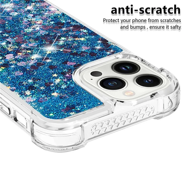 Anti-collision Phone Case for iPhone 14 Pro 6.1 inch, Anti-scratch Liquid Floating Glitter Sequins Decoration Phone Back Cover - Blue / Hearts