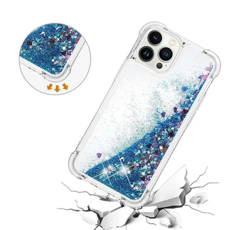 Anti-collision Phone Case for iPhone 14 Pro 6.1 inch, Anti-scratch Liquid Floating Glitter Sequins Decoration Phone Back Cover - Blue / Hearts
