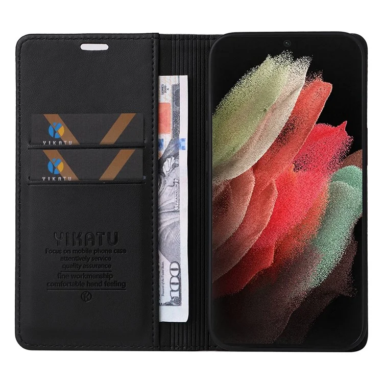 YIKATU YK- 001 para Samsung Galaxy S21 Ultra 5G Anti-scratch Phone Wallet Case Stand PU Leather Magnetic Closure Protective Cover - Preto