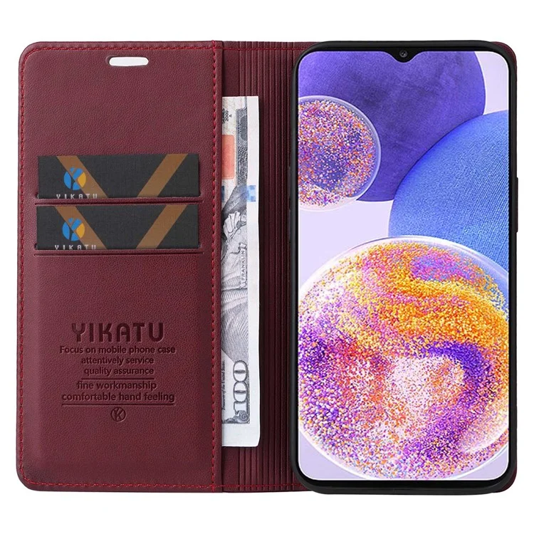 YIKATU Handyhülle für Samsung Galaxy A23 5G (Globale Version) / 4G / F23 5G / M23 5G / M13 4G, YK- 001 Magnetischer Verschluss Ständer Telefon Flip Leder Wallet Cover - Weinrot