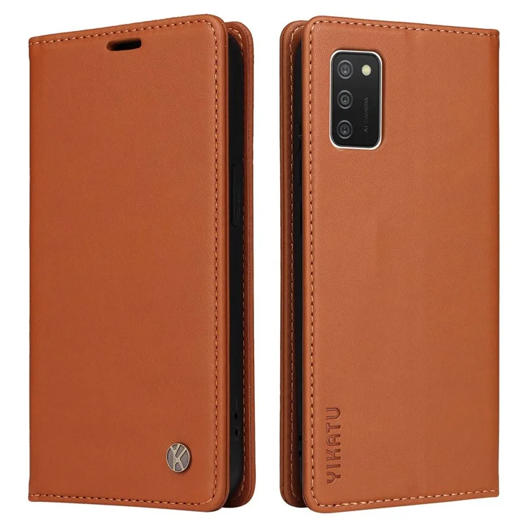 Yikatu Yk- 001 Couverture de Téléphone Anti-bas Pour Samsung Galaxy A02s / A03s (164.2x75.9x9.1 Mm), Boîtier de Portefeuille en Cuir PU Stand de Fermeture Magnétique Shell de Protection - Brun