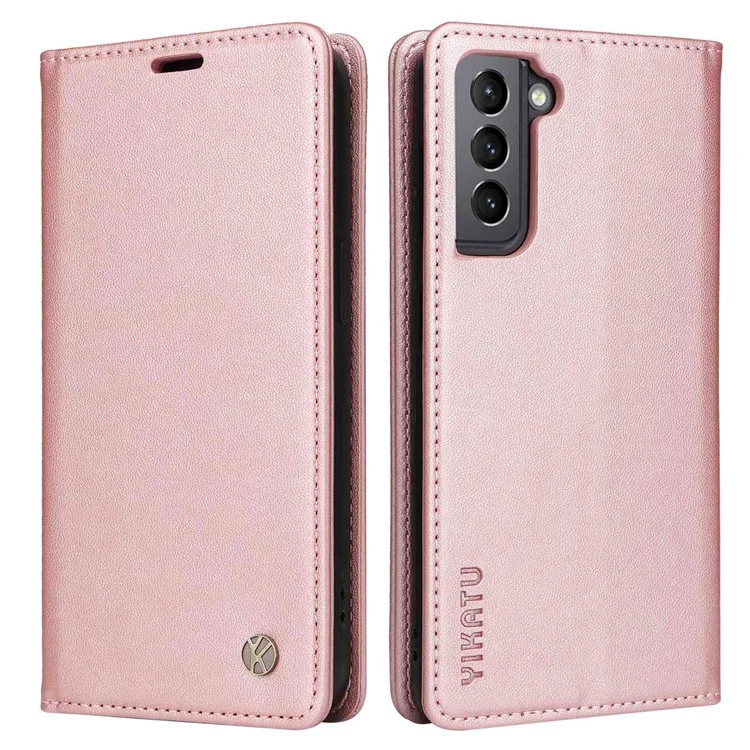 YIKATU YK- 001 for Samsung Galaxy S21 4G / 5G PU Leather Magnetic Auto-absorbed Phone Cover Wallet Stand Folio Flip Case - Rose Gold