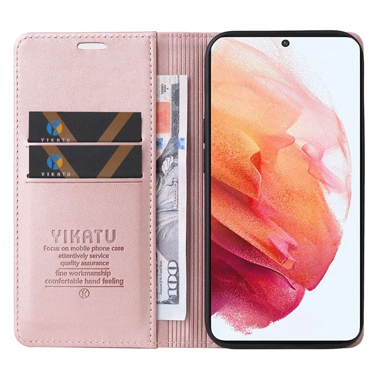 YIKATU YK- 001 for Samsung Galaxy S21 4G / 5G PU Leather Magnetic Auto-absorbed Phone Cover Wallet Stand Folio Flip Case - Rose Gold