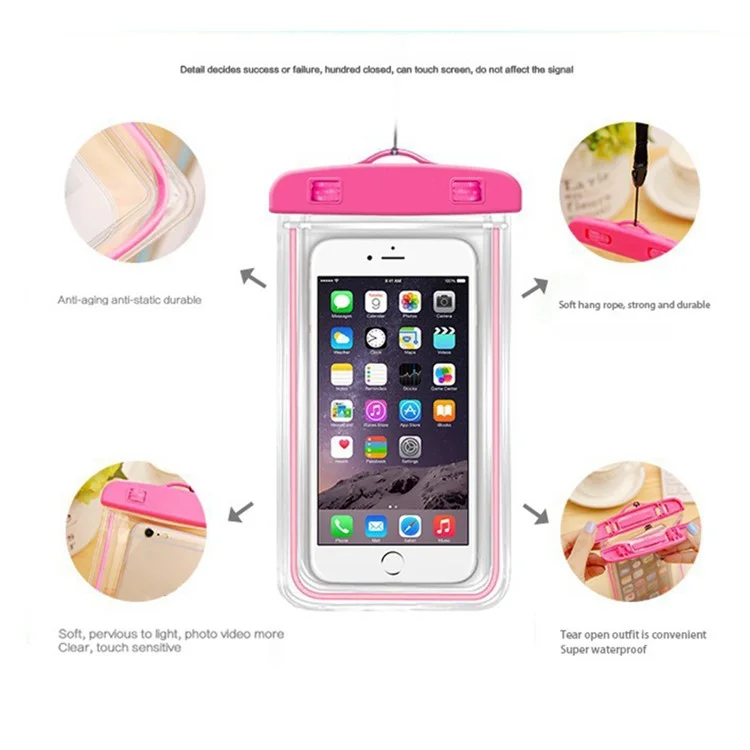 Sac étanche fluorescent en TPU pour téléphone portable de moins de 7,2 pouces - Sac sec lumineux pour plage et piscine - Rose