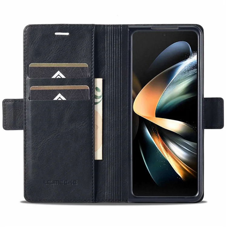 Lc. Imeeke Para Samsung Galaxy Z Fold4 5G Case de Billetera de Teléfono a Prueba de Caída RFID Bloqueo de Bloqueo Doble Magnetic Magnetic PU Leather + PC Phone Cover - Negro