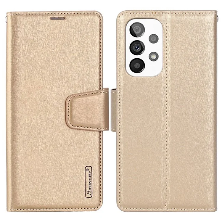 HANMAN Mill Series for Samsung Galaxy A33 5G Soft PU Leather Wallet Phone Case Flip Folio Protective Stand Magnetic Cover - Gold