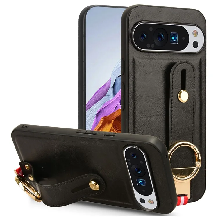 Für Google Pixel 9 Pro XL Hülle Armband Ständer Leder+PC+TPU Handyhülle Flaschenöffner - Schwarz
