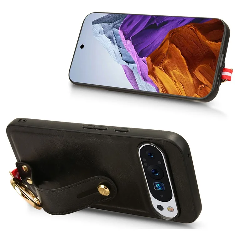 Für Google Pixel 9 Pro XL Hülle Armband Ständer Leder+PC+TPU Handyhülle Flaschenöffner - Schwarz