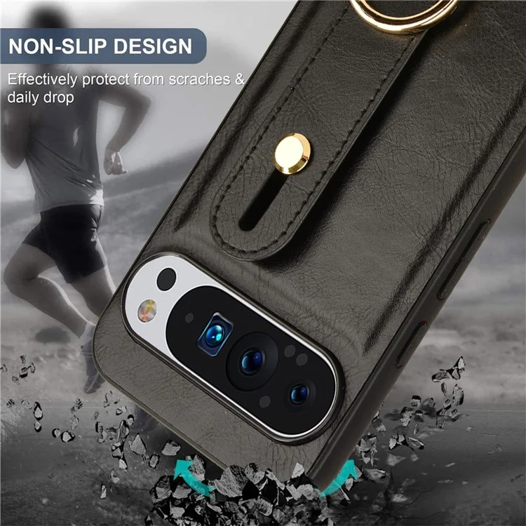 Für Google Pixel 9 Pro XL Hülle Armband Ständer Leder+PC+TPU Handyhülle Flaschenöffner - Schwarz