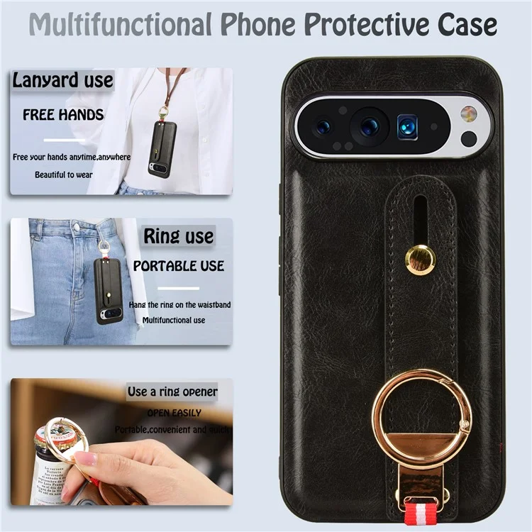Für Google Pixel 9 Pro XL Hülle Armband Ständer Leder+PC+TPU Handyhülle Flaschenöffner - Schwarz