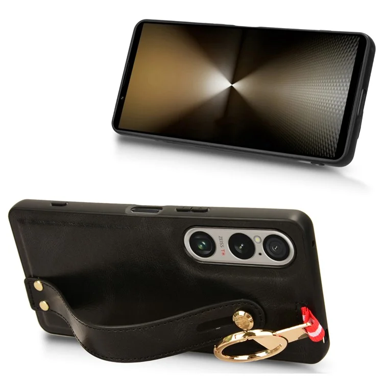 Para Sony Xperia 1 VI Case Wristband Finger Loop Leather Coated PC+TPU Phone Cover - Preto