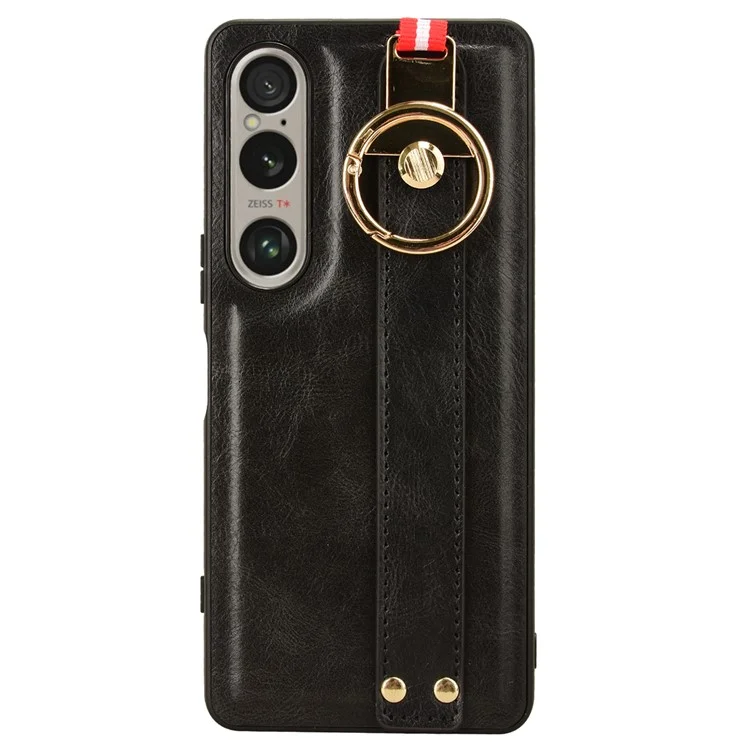 Para Sony Xperia 1 VI Case Wristband Finger Loop Leather Coated PC+TPU Phone Cover - Preto
