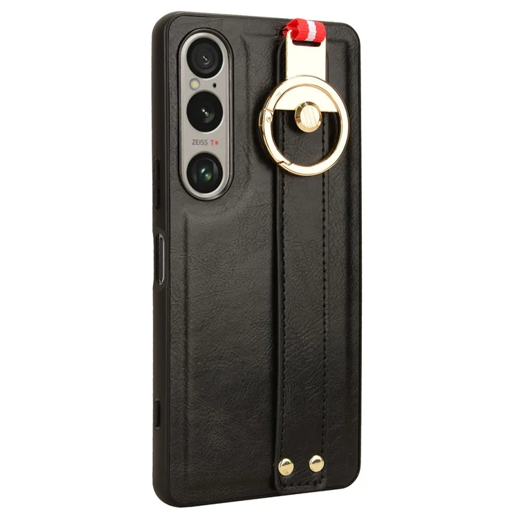 Para Sony Xperia 1 VI Case Wristband Finger Loop Leather Coated PC+TPU Phone Cover - Preto