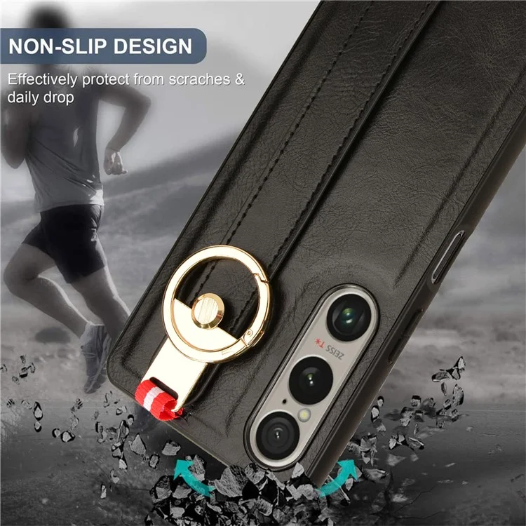 Para Sony Xperia 1 VI Case Wristband Finger Loop Leather Coated PC+TPU Phone Cover - Preto