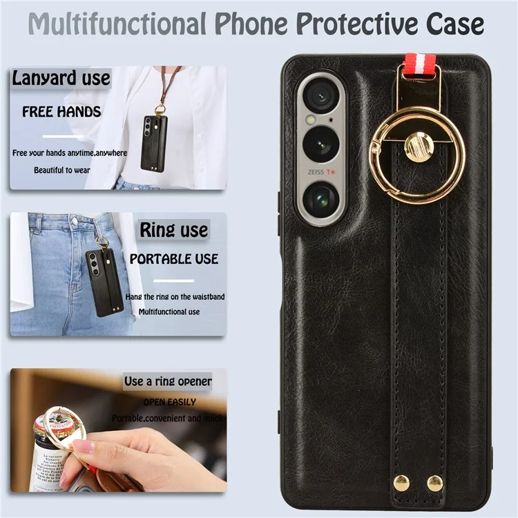 Para Sony Xperia 1 VI Case Wristband Finger Loop Leather Coated PC+TPU Phone Cover - Preto